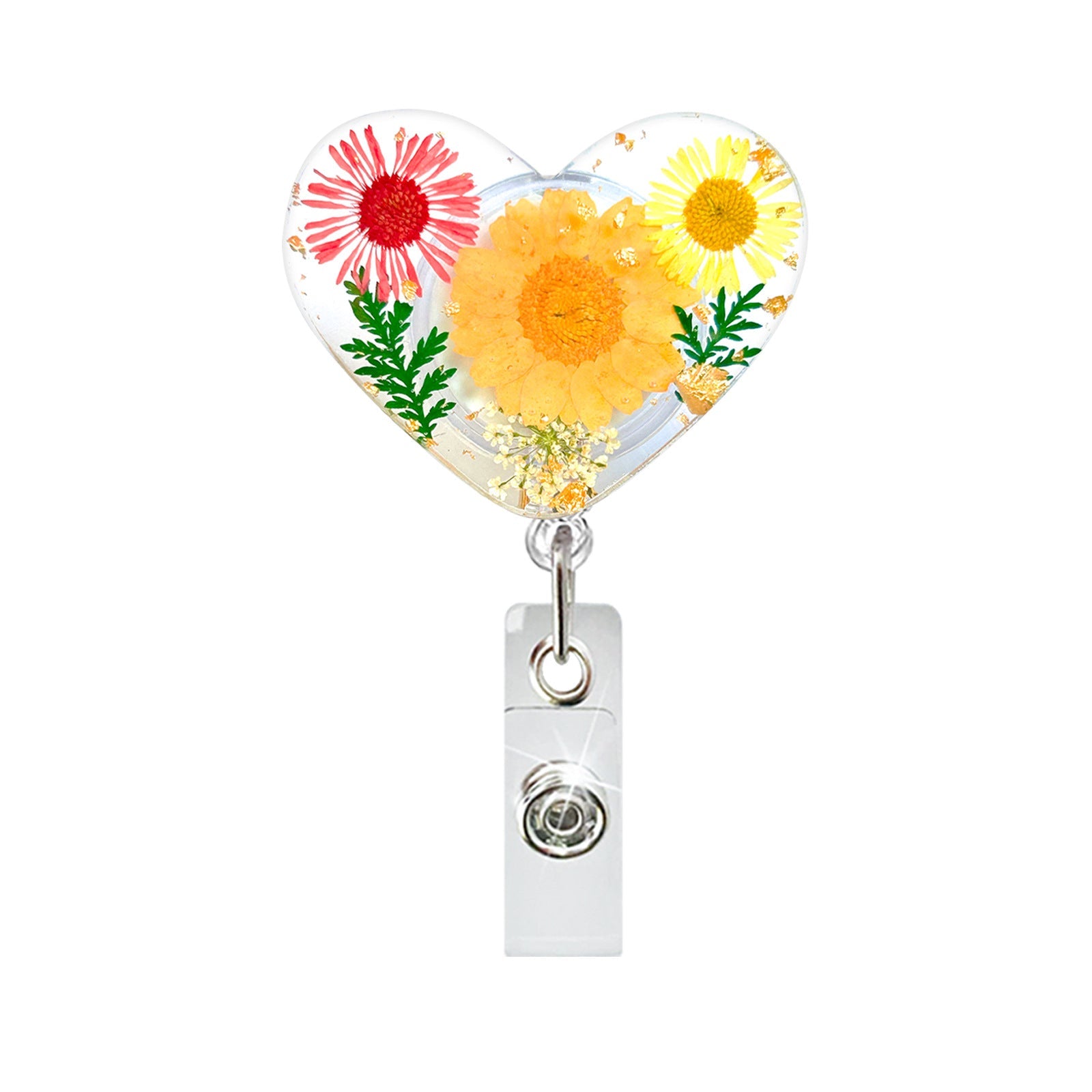 Wholesale Heart Shaped Dried Flower Resin Crocodile Clip Emblem Scroll Retractable Keychain